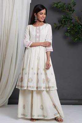 White Colored Soft Cotton Handblock Printed Embroidery Worked Kurta With Plazzo Set 2