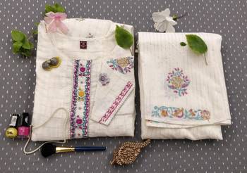 White Colored Soft Cotton Handblock Printed Embroidery Worked Kurta With Plazzo Set 3