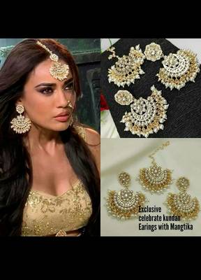 Designer Kundan Chandbali Pearl Earrings Tikka Set 2