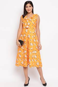 Yellow Crepe Printed Western dress