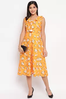 Yellow Crepe Printed Western dress