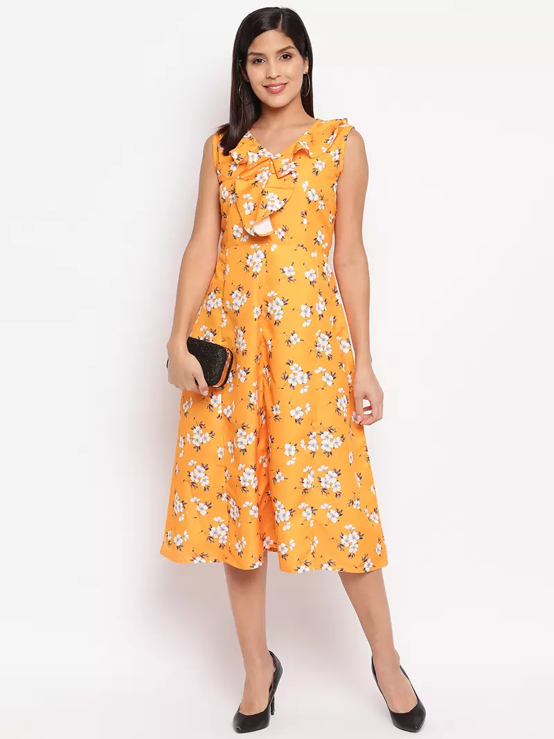 Yellow Crepe Printed Western dress