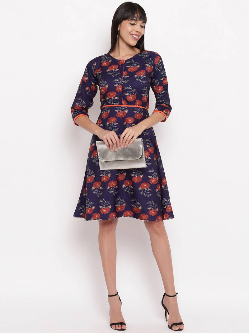 navy blue color combination dresses Navy Blue Rayon Flower Printed Western Dress – Shinisha main image 1