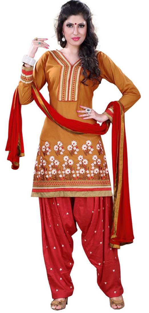 Dark Yellow embroidered Cotton unstitched salwar with dupatta