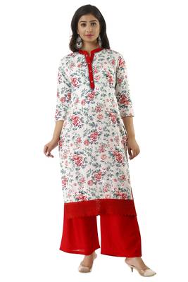Red Printed Rayon Kurtas And Kurtis With Palazzo 1