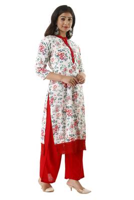 Red Printed Rayon Kurtas And Kurtis With Palazzo 3