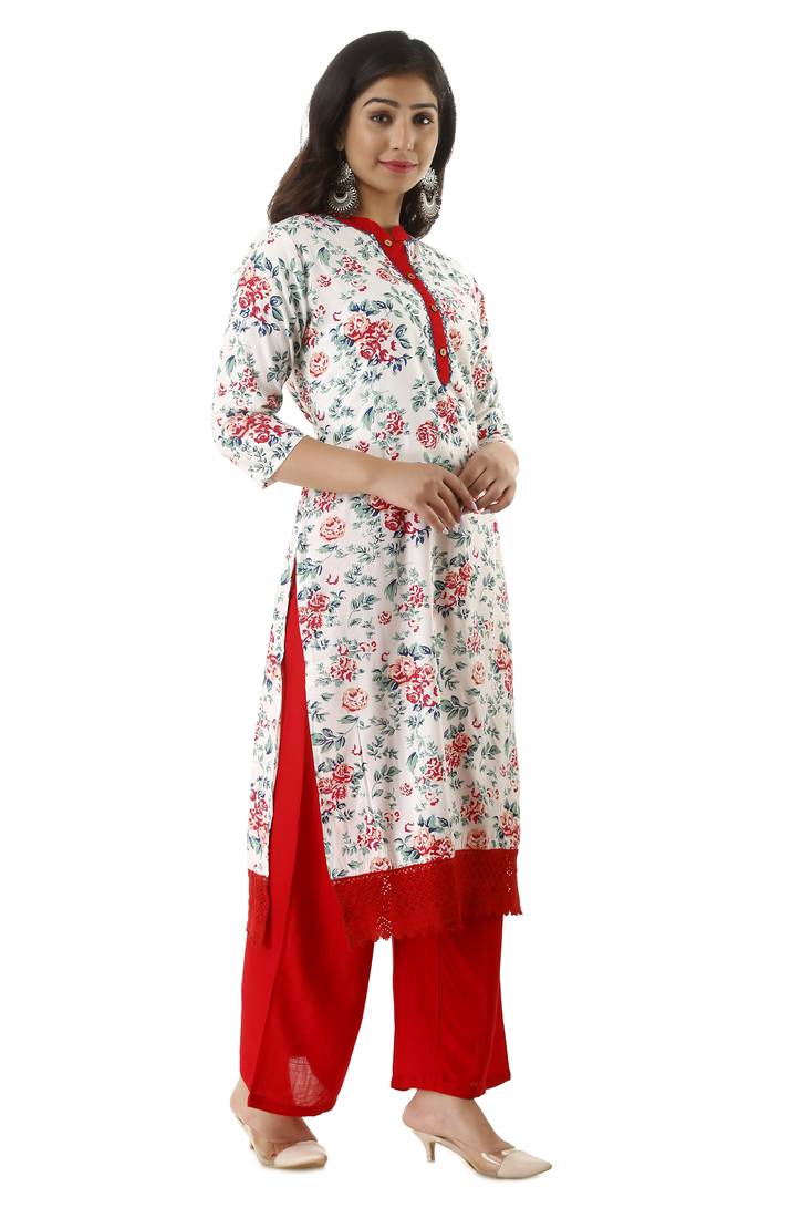Red Printed Rayon Kurtas And Kurtis With Palazzo