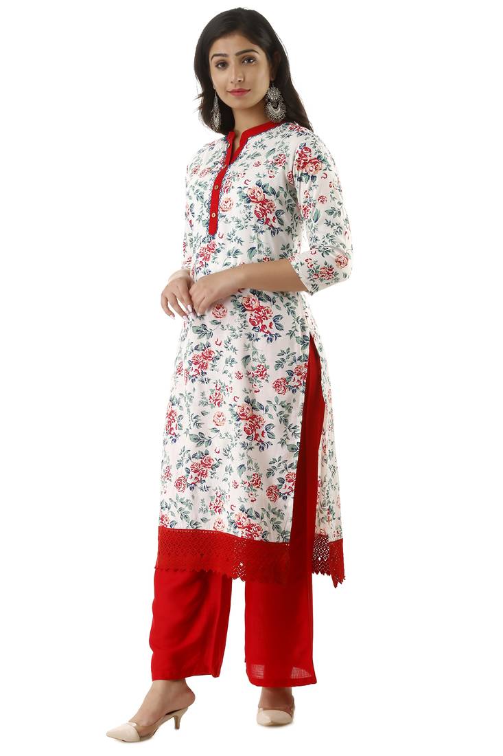 Red Printed Rayon Kurtas And Kurtis With Palazzo
