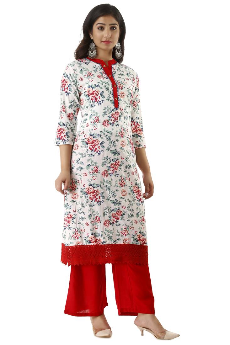 Red Printed Rayon Kurtas And Kurtis With Palazzo