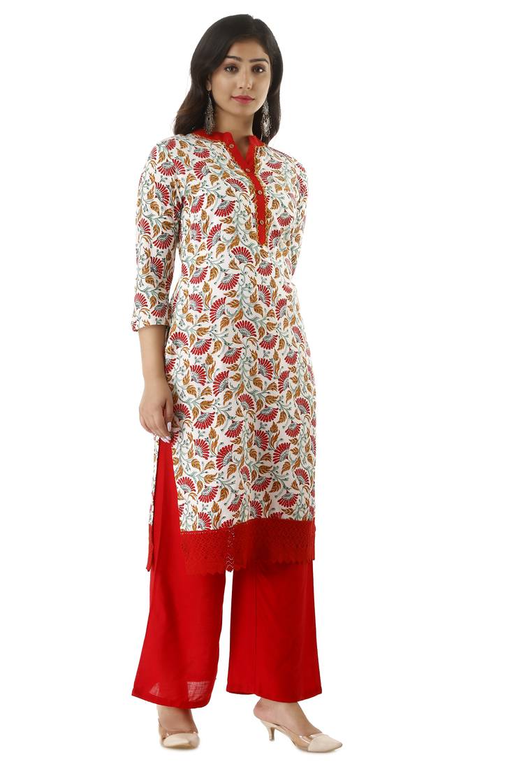 Red Printed Rayon Kurtas And Kurtis With Palazzo