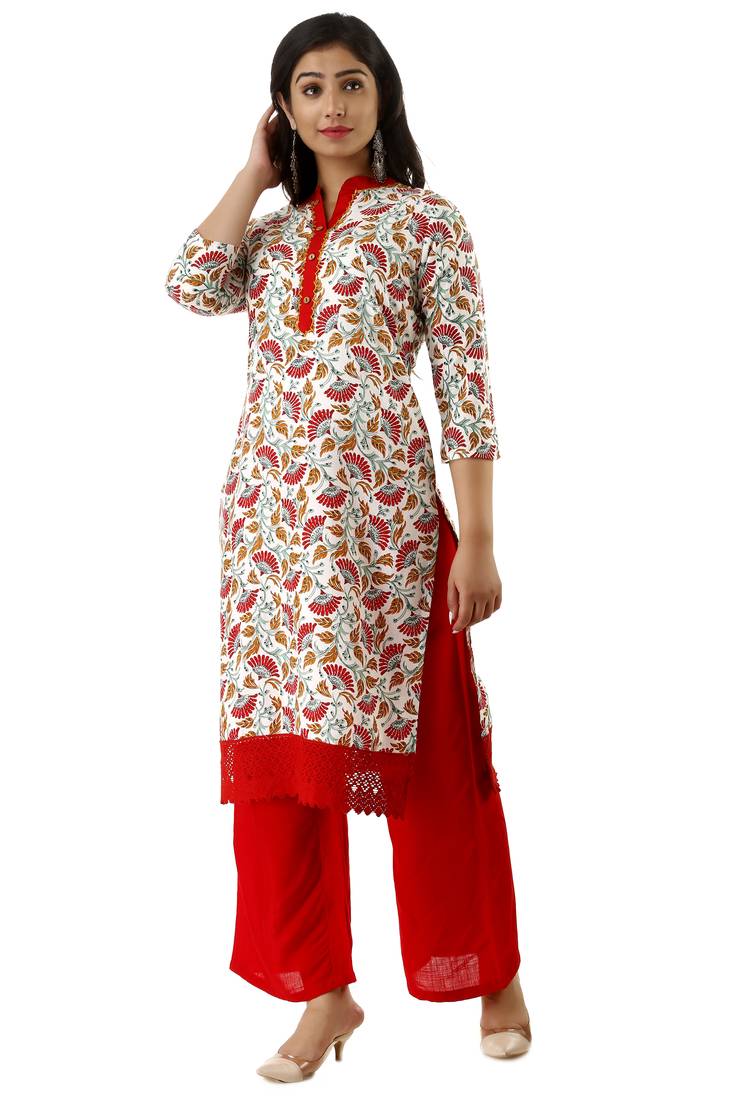 Red Printed Rayon Kurtas And Kurtis With Palazzo