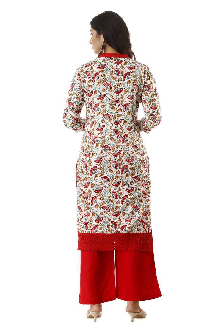 Red Printed Rayon Kurtas And Kurtis With Palazzo