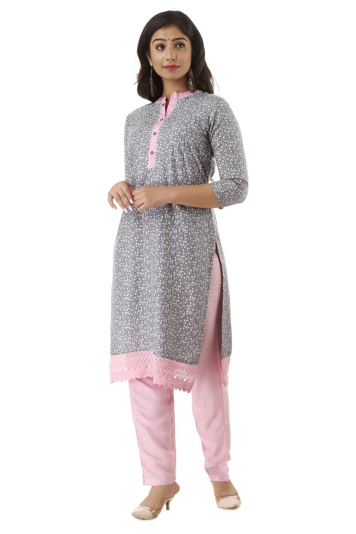 Greyprinted Rayon Kurtas And Kurtis With Pant Set