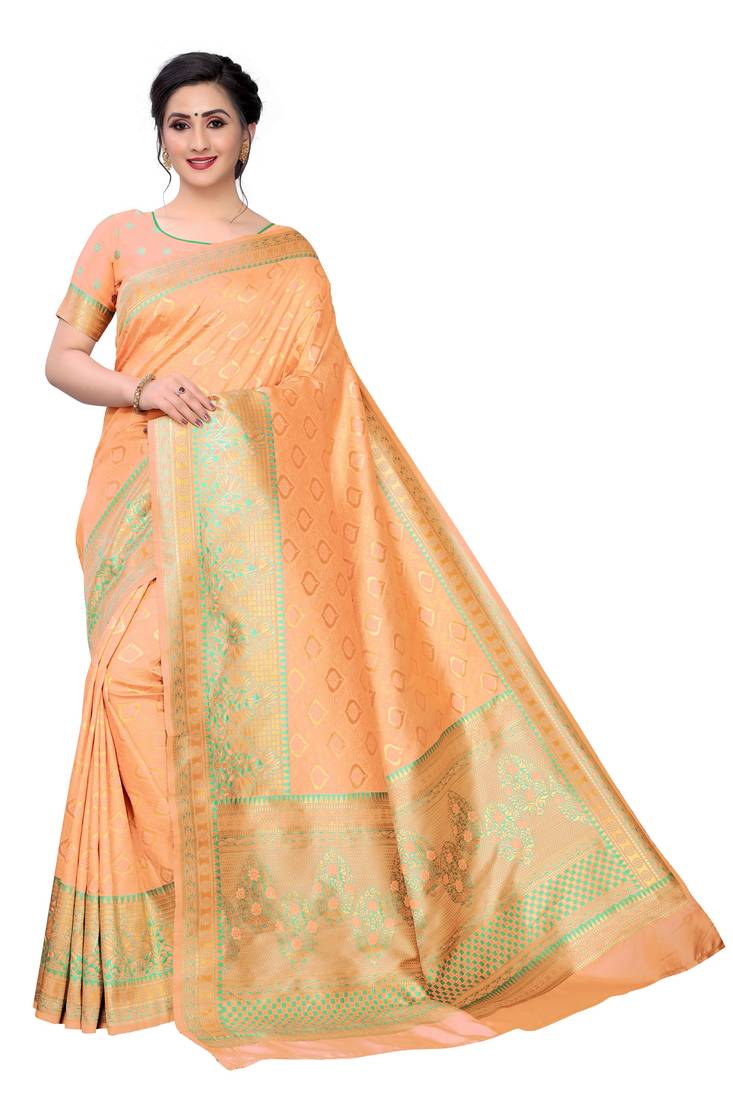 Women's Light Peach Banarasi Silk Saree With Blouse Piece.