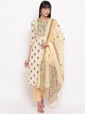 Women'S Floral Print Straight Cotton Yelllow Kurta,Pant & Dupatta 1