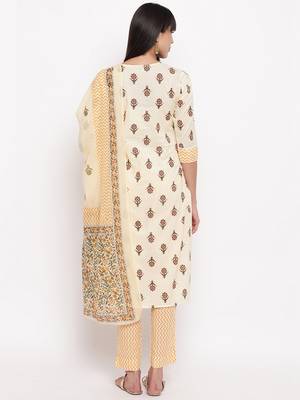 Women'S Floral Print Straight Cotton Yelllow Kurta,Pant & Dupatta 2