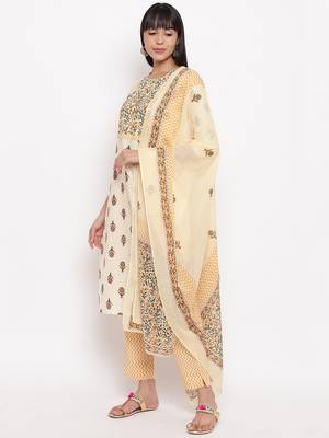 Women'S Floral Print Straight Cotton Yelllow Kurta,Pant & Dupatta 3