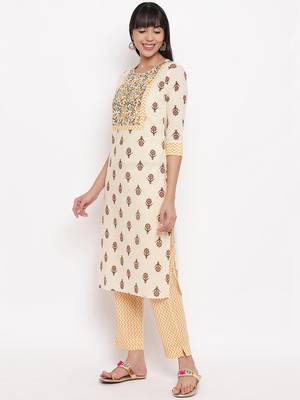 Women'S Floral Print Straight Cotton Yelllow Kurta,Pant & Dupatta 5