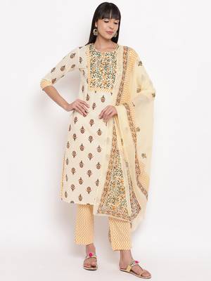 Women'S Floral Print Straight Cotton Yelllow Kurta,Pant & Dupatta 8
