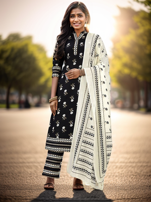 Women'S Floral Print & Embroidered Straight Cotton Black Kurta,Pant & Dupatta 1