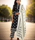 Women'S Floral Print & Embroidered Straight Cotton Black Kurta,Pant & Dupatta