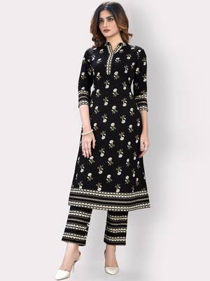 Women'S Floral Print & Embroidered Straight Cotton Black Kurta,Pant & Dupatta 5