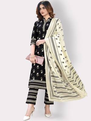 Women'S Floral Print & Embroidered Straight Cotton Black Kurta,Pant & Dupatta 7