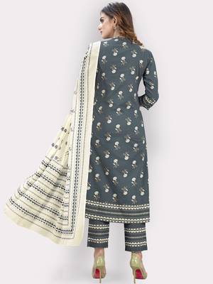 Women'S Floral Print & Embroidered Straight Cotton Grey Kurta,Pant & Dupatta 2