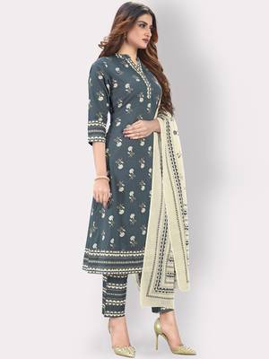 Women'S Floral Print & Embroidered Straight Cotton Grey Kurta,Pant & Dupatta 4