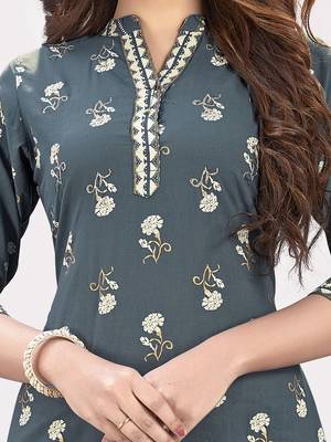 Women'S Floral Print & Embroidered Straight Cotton Grey Kurta,Pant & Dupatta 5