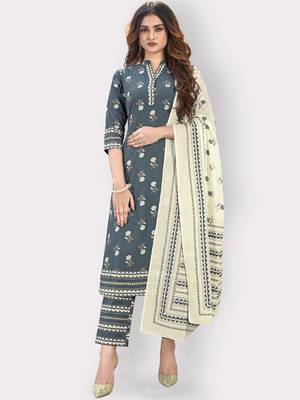 Women'S Floral Print & Embroidered Straight Cotton Grey Kurta,Pant & Dupatta 8