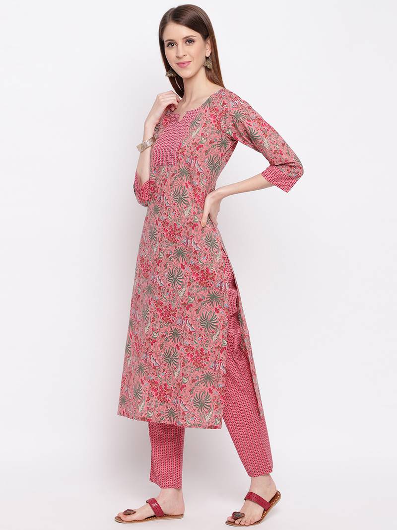 Women'S Floral Print Straight Cotton Pink Kurti With Pant Set Vbuyz