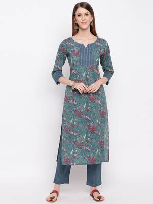 Women'S Floral Print Straight Cotton Dark Cyan Kurti With Pant Set 1