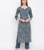 Women'S Floral Print Straight Cotton Dark Cyan Kurti With Pant Set