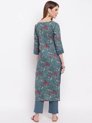 Women'S Floral Print Straight Cotton Dark Cyan Kurti With Pant Set 2