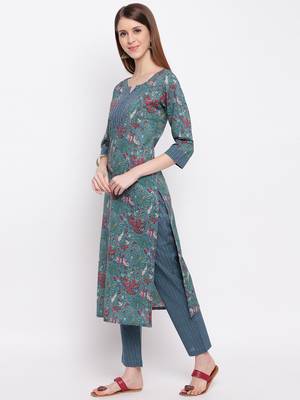 Women'S Floral Print Straight Cotton Dark Cyan Kurti With Pant Set 3