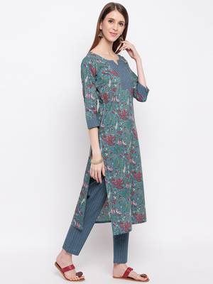Women'S Floral Print Straight Cotton Dark Cyan Kurti With Pant Set 4