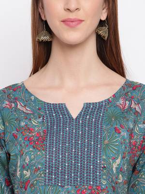Women'S Floral Print Straight Cotton Dark Cyan Kurti With Pant Set 5