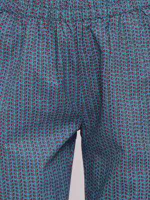 Women'S Floral Print Straight Cotton Dark Cyan Kurti With Pant Set 6