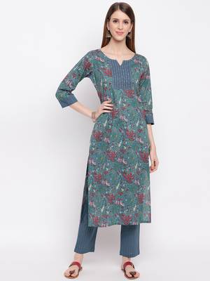 Women'S Floral Print Straight Cotton Dark Cyan Kurti With Pant Set 8