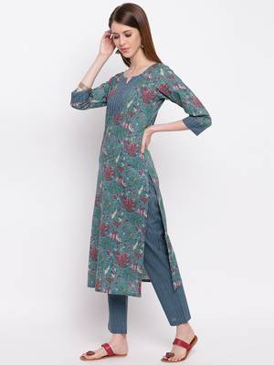 Women'S Floral Print Straight Cotton Dark Cyan Kurti With Pant Set 9