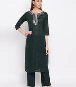 Women'S Embroidered / Striped Print Straight  Dark Green Kurti With Pant Set