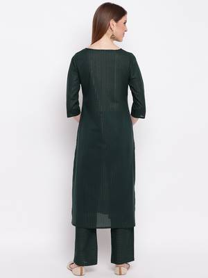 Women'S Embroidered / Striped Print Straight  Dark Green Kurti With Pant Set 2
