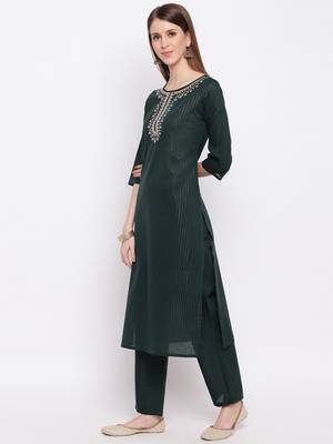 Women'S Embroidered / Striped Print Straight  Dark Green Kurti With Pant Set 3