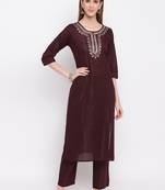 Women'S Embroidered / Striped Print Straight  Maroon(Wine) Kurti With Pant Set