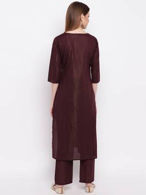 Women'S Embroidered / Striped Print Straight  Maroon(Wine) Kurti With Pant Set 2