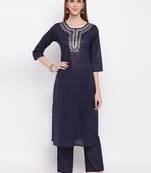 Women'S Embroidered / Striped Print Straight  Blue Kurti With Pant Set