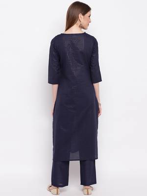 Women'S Embroidered / Striped Print Straight  Blue Kurti With Pant Set 2