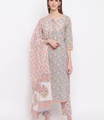 Women'S Floral Print & Hand Work Straight Cotton Grey Kurta,Pant & Dupatta
