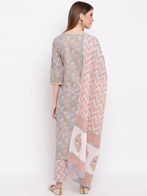 Women'S Floral Print & Hand Work Straight Cotton Grey Kurta,Pant & Dupatta 2